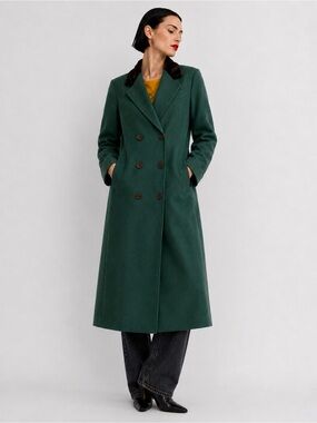 Vintage Long wool & black velvet Double-Breasted Women's Coat in Forest Green. L